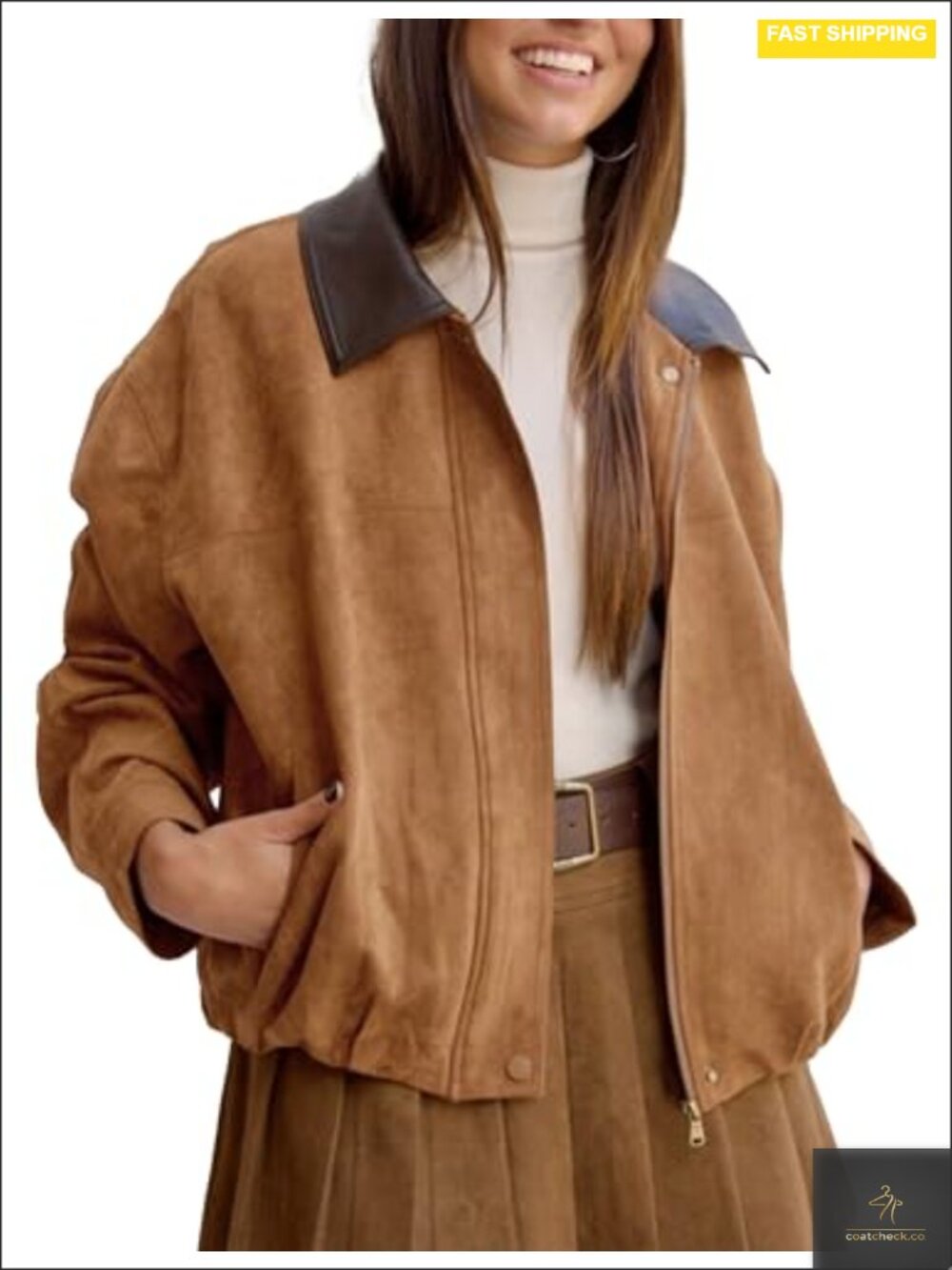 Womens Faux Suede Bomber Jacket Cropped Oversized Motorcycle Zip Up Casual